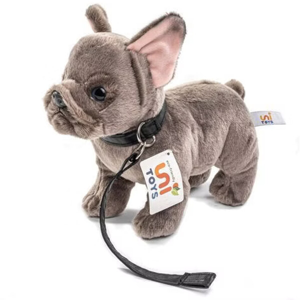 Hund Fransk Bulldog m. koppel grå 23 cm